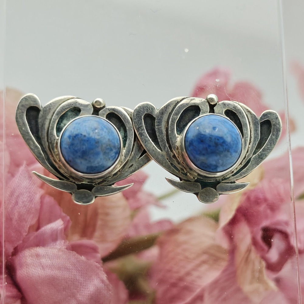 Blue Lapis & Sterling Silver Handmade Art Nouveau Style Post Earrings
